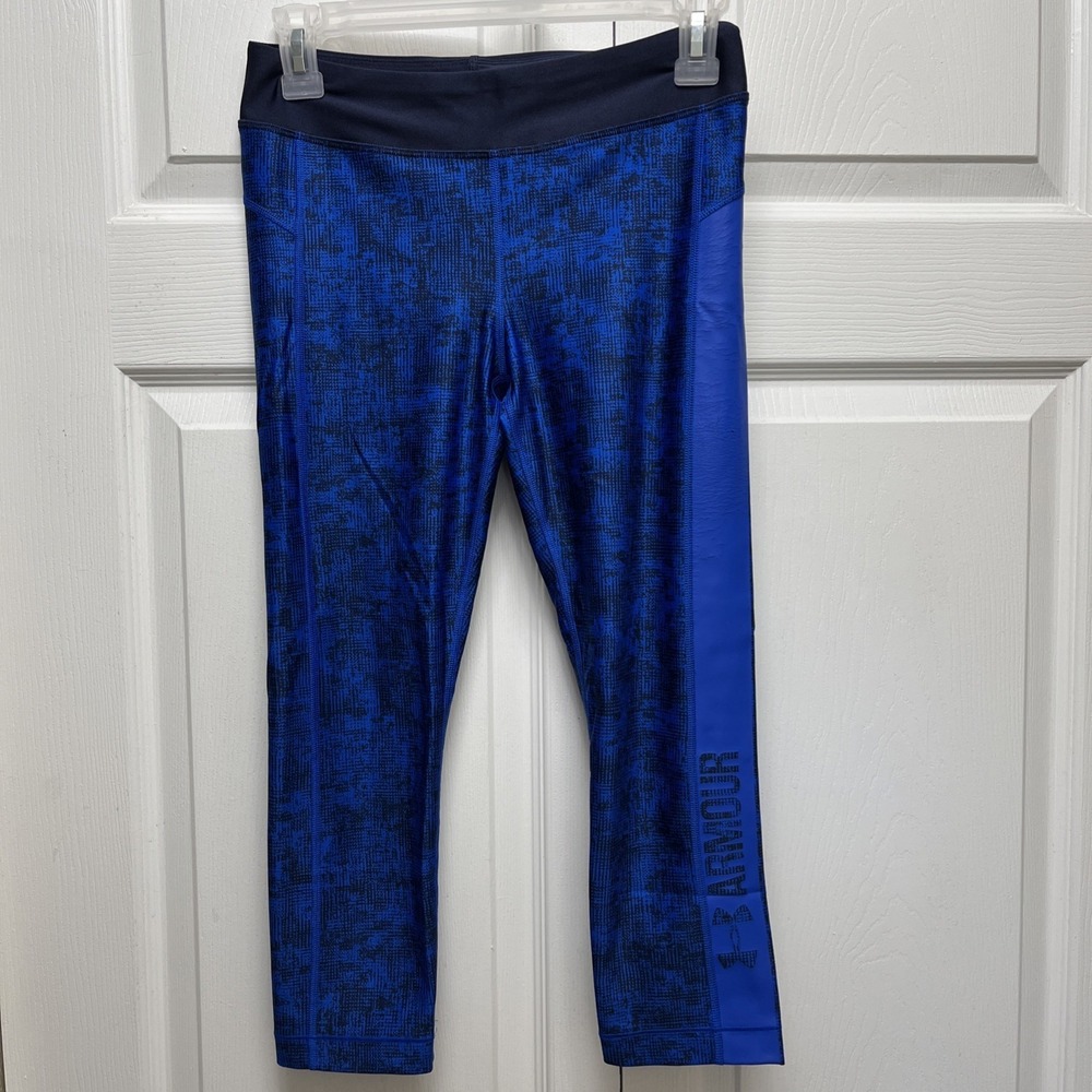 Under Armour Women's Leggings Compression Capri Small Blue Black Logo Heatgear